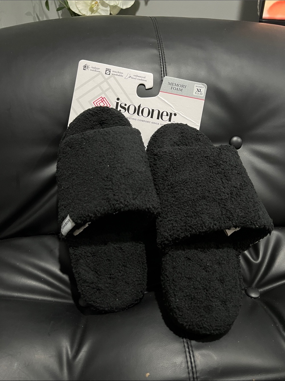 isotoner Black Plush Memory Foam Slide Slippers